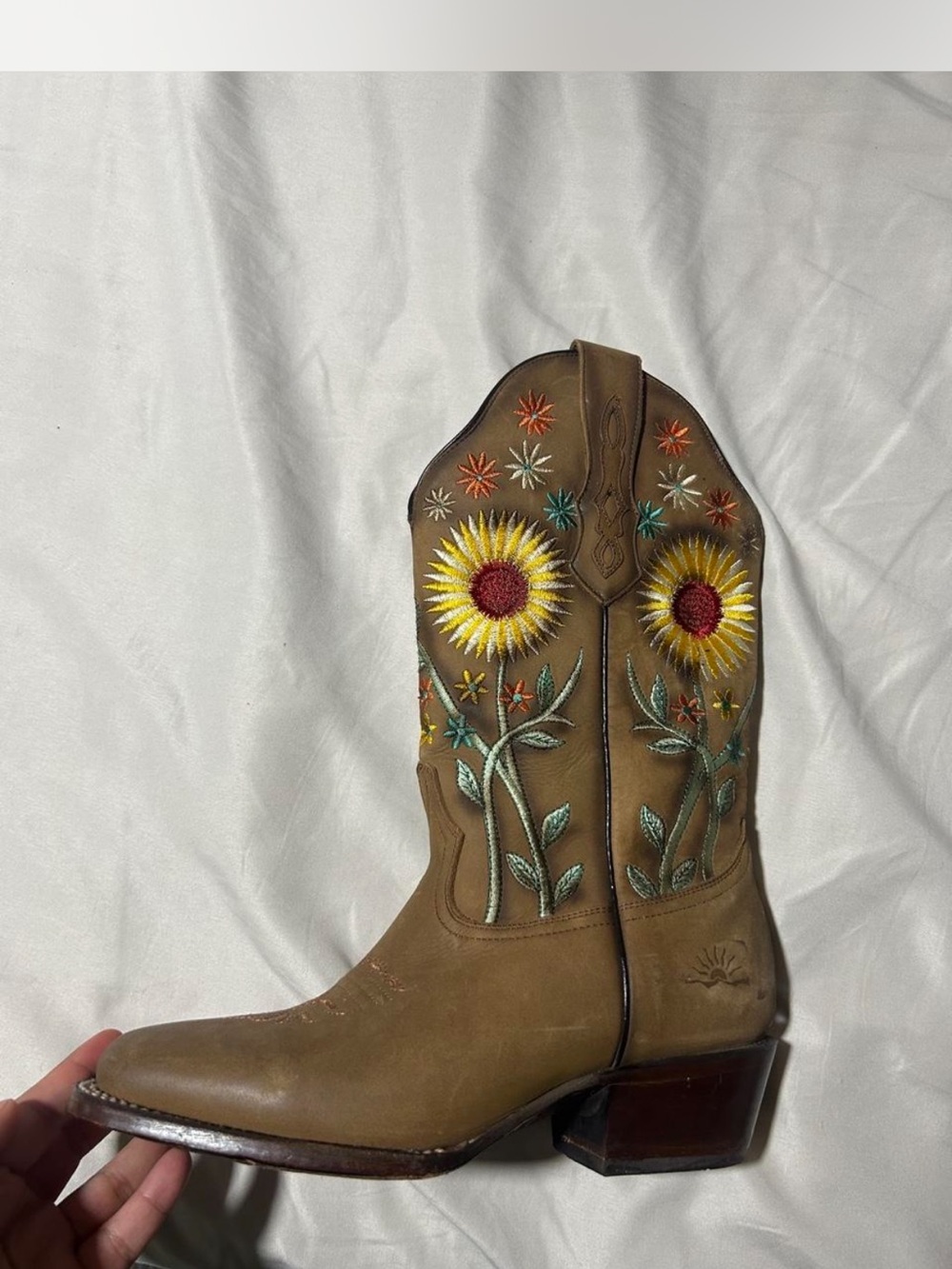 Hand-Embroidered Sunflower Tan Leather Western Boot